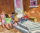 Pauline Thibodeau Paquin, Enfants sur la Galerie, oil on wood board