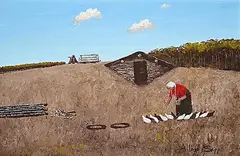 Allen Sapp, Untitled - Nookum Feeding Some Chickens, 1979, acrylic on canvas