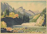 Margaret Shelton, Bow Falls Banff, Ed. 2 #12/100, 1972, lino block in eight colours on paper