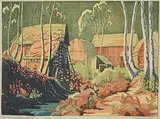 Margaret Shelton, Homestead at Revelstoke #111/150, 1943, lino block in eight colours on paper