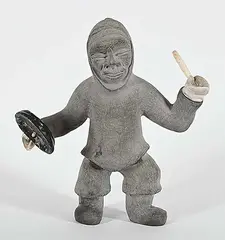 Lucas Aaluk, Untitled - Bang the Drum; Drum Dancer, bone and stone carving