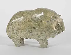 Jomie Aipeelee, Untitled - Muskox I, 2004, green stone and bone sculpture