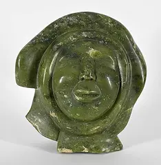 Kaka Ashoona, Untitled - Hooded Wife Smiling, green stone carving