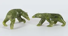Henry Evaluardjuk, Lot of Two Miniature Bear Sculptures, 1987, green stone carving