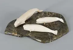 Ernie Kadloo, Untitled - Three Beluga Whales, stone and bone carving