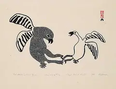 Kiakshuk, Owl Attacking Snow Goose #45/50, 1961, stonecut on paper
