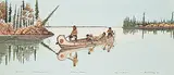 Robert Muskego, Athebascan Canoemen #Artist's Proof, 1983, handcoloured lithograph on paper