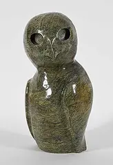Untitled - Glaring Owl by Bill Nasogaluak, 2007, green stone carving, sold Mar 2026