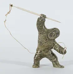 Nowdlak Noah, Untitled - Hunter with Harpoon, 1995, green stone and bone carving