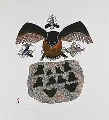 Pitseolak Ashoona, Attacked by Mosquitoes #50/50, 1983, colour stonecut and stencil on paper