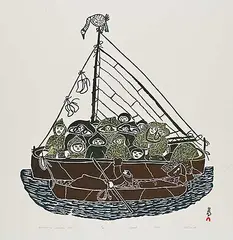 Pitseolak Ashoona, Eskimos on Sealskin Boat #18/50, 1972, colour stonecut on paper