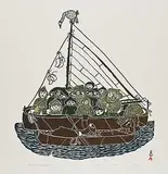 Pitseolak Ashoona, Eskimos on Sealskin Boat #18/50, 1972, colour stonecut on paper