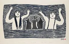 Pitseolak Ashoona, Seamaids with Walrus #45/50, 1968, colour stonecut on paper