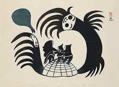 Napachie Pootoogook, Eskimo Mother and Children Frightened by Demons #18/50, 1961, colour stonecut on paper