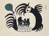 Napachie Pootoogook, Eskimo Mother and Children Frightened by Demons #18/50, 1961, colour stonecut on paper