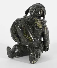 Napachie Pootoogook, Untitled - Mother Holding Child, green stone carving