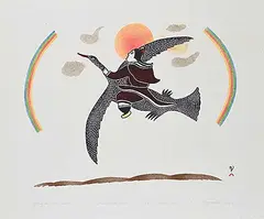 Napachie Pootoogook, Flying Near the Rainbow #12/50, 1980, colour stonecut and stencil on paper