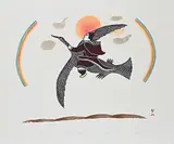 Napachie Pootoogook, Flying Near the Rainbow #12/50, 1980, colour stonecut and stencil on paper
