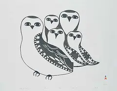 Pudlo Pudlat, Family of Owls #33/50, 1990, stonecut on paper