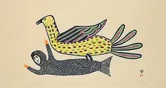 Lucy Qinnuayuak, Sedna with Spotted Bird #6/50, 1982, colour stonecut and stencil on paper