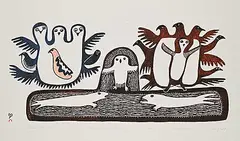 Lucy Qinnuayuak, Seals Stalk the Owl #23/50, 1982, colour stonecut and stencil on paper