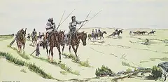 Henry Standing Alone, Blackfoot Moving Camp #90/99, 1981, handcoloured lithograph on paper