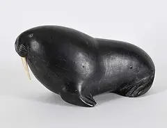 Sima Tukai, Untitled - Big Black Walrus, black stone carving with bone