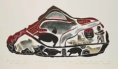Alacie Tullaugaq, Men Hunting Animals #34/50, 1982, colour stonecut and stencil on paper