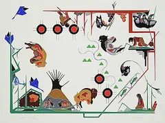 David B. Williams, Hunters - Buffalo / Bear, 1986, gouache on paper