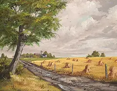 Marion E. Barker, Stooks, Farm in Alberta, 1980, oil on canvas