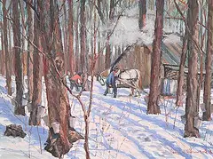 John Alfred Barwick, La cueillette de l'eau d'erable [St. Janvier, Que.], 1976, oil on wood board