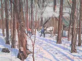 John Alfred Barwick, La cueillette de l'eau d'erable [St. Janvier, Que.], 1976, oil on wood board
