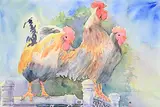 Carol Hama Chang, Untitled - Roosters, watercolour on paper