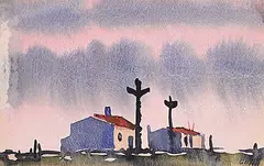 Robert Genn, Untitled - Village at Sunset, watercolour on paper
