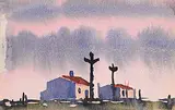 Robert Genn, Untitled - Village at Sunset, watercolour on paper