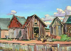 Kenneth Gordon, Fishing Shacks at Graham's Pond [Gaspereaux P.E.I.], 1977, oil on wood panel