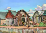 Kenneth Gordon, Fishing Shacks at Graham's Pond [Gaspereaux P.E.I.], 1977, oil on wood panel