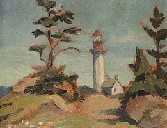 The Lighthouse [Metis Beach, Quebec] by Naomi Jackson Groves, oil on paper board, sold Dec 2025