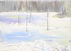 Zema Barbara Cogill Haworth, Sparse Trees, acrylic on wood board