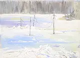 Sparse Trees by Zema Barbara Cogill Haworth, acrylic on wood board, sold Dec 2025