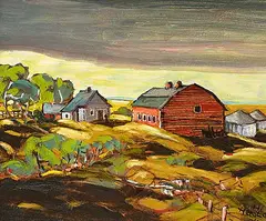 Hans Herold, Farm Near Lumsden, 1974, oil on wood board
