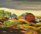 Hans Herold, Farm Near Lumsden, 1974, oil on wood board