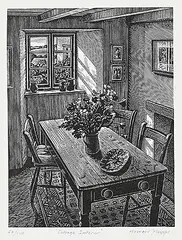 Howard Phipps, Cottage Interior #52/150, wood block on paper