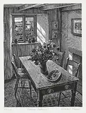 Howard Phipps, Cottage Interior #52/150, wood block on paper