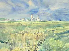 Jack Rigaux, Untitled - Grain Elevators in the Distance, 1987, watercolour on paper