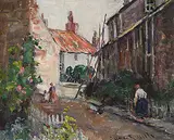 George Horne Russell, Untitled - Old Town Stroll, oil on paper board