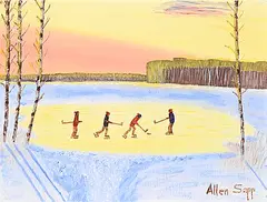 Allen Sapp, Untitled - Hockey on the Pond, acrylic on canvas