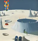 Frank Whipple, Untitled - Aliens, Moons, Balloons and Nuns, oil on wood board