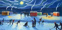 Shinny and Shooting Fish - Cochin, SK 1942 by William Roy Brownridge, acrylic on canvas, sold Nov 2025