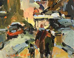 Serge Brunoni, Untitled - Street Scene, oil on wood board